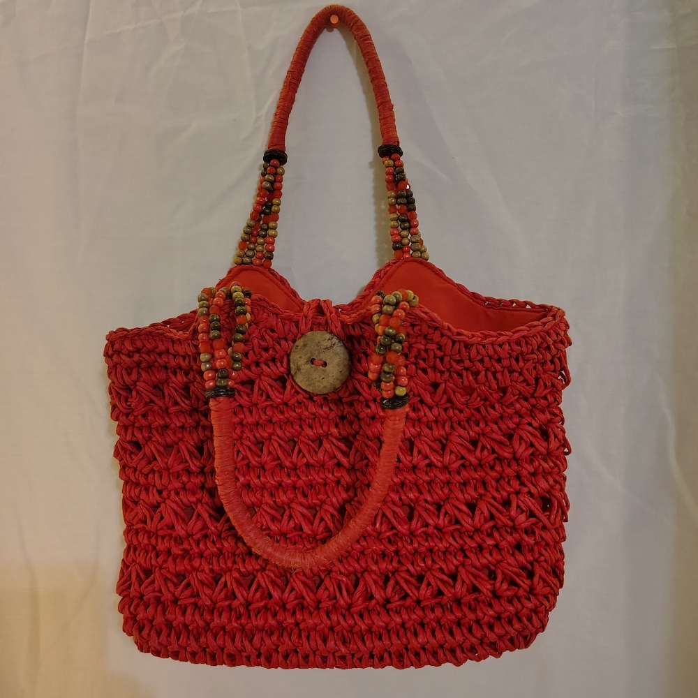 Cappelli Red Vintage Tote Bag, with Wooden Beaded Handles,Purse Pillow Included